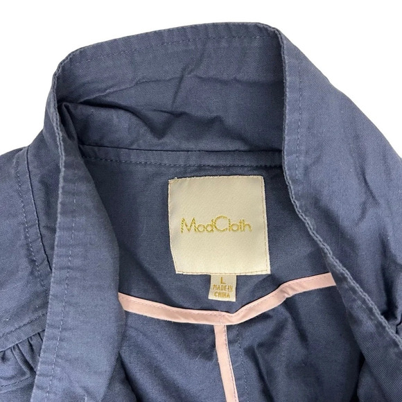 ModCloth Navy Blue Ruffle Peplum Cotton Zip Jacket Size Large - Picture 12 of 14